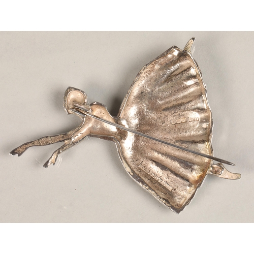 101 - Silver brooch in the form of a ballerina by D H Phillips, Birmingham 1947, 7.2 cm long, 6 cm wide.