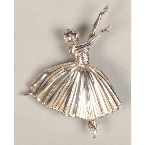 101 - Silver brooch in the form of a ballerina by D H Phillips, Birmingham 1947, 7.2 cm long, 6 cm wide.