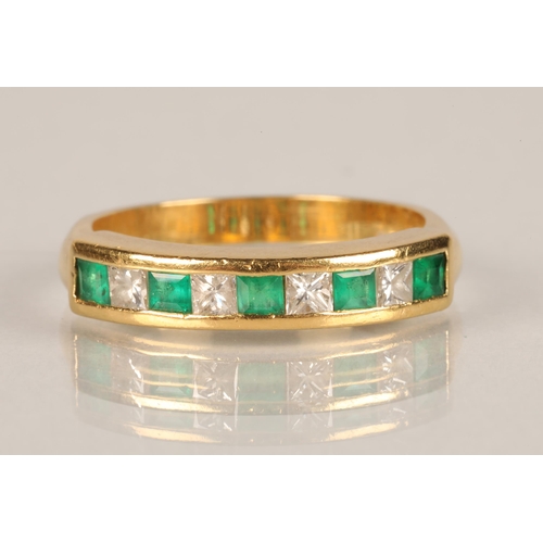 103 - Ladies 18ct gold Diamond and Emerald ring, five square cut emeralds interspersed with four square cu... 