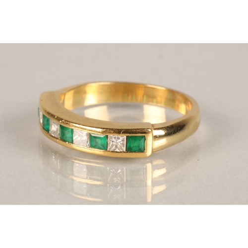 103 - Ladies 18ct gold Diamond and Emerald ring, five square cut emeralds interspersed with four square cu... 