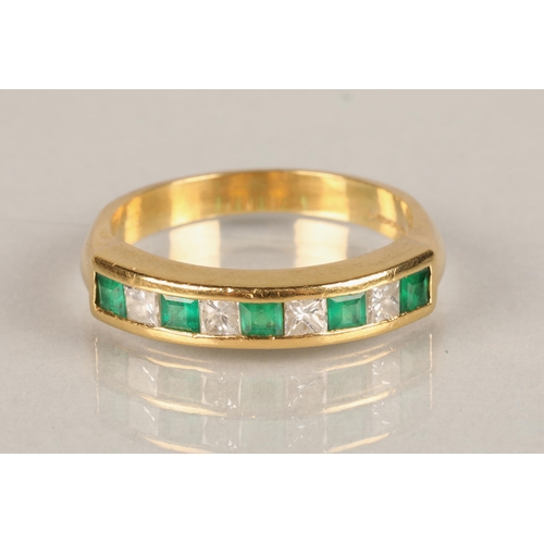 103 - Ladies 18ct gold Diamond and Emerald ring, five square cut emeralds interspersed with four square cu... 