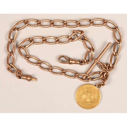 105 - Double albert 9ct rose gold curb link albert watch chain with gold one pond coin attached, total wei... 