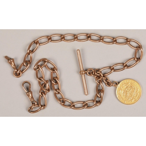 105 - Double albert 9ct rose gold curb link albert watch chain with gold one pond coin attached, total wei... 