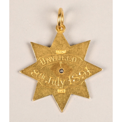 167 - 15ct Gold Masonic medal, inscribed ' Unveiled 8th July 1891', 6.4 grams total weight. The medal is c... 