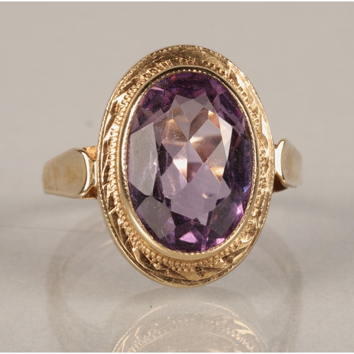 71 - Ladies 9ct yellow gold Amethyst ring, ring size N.