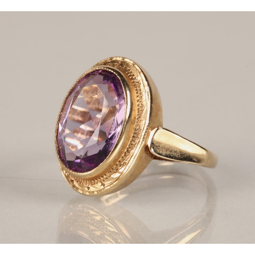 71 - Ladies 9ct yellow gold Amethyst ring, ring size N.