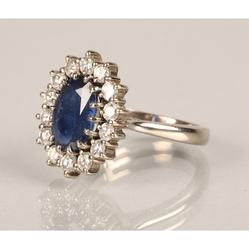 77 - Ladies 18ct white gold sapphire and diamond ring, central sapphire surrounded by fourteen small diam... 