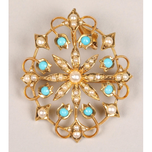 79 - Ladies 9ct yellow gold turquoise and seed pearl brooch/pendant, with pair of 9ct gold turquoise earr... 