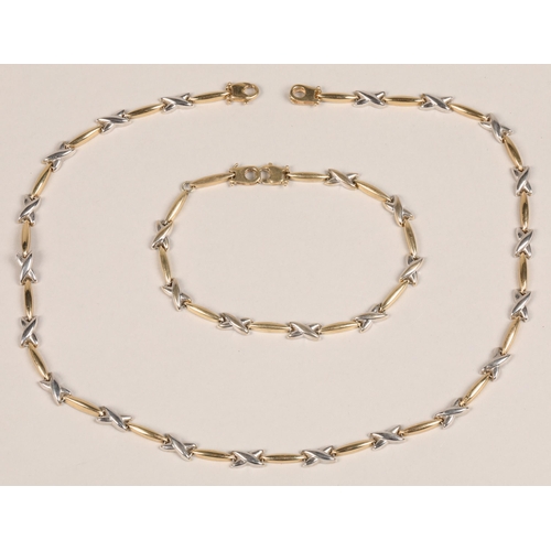 91 - Ladies 9ct white and yellow gold necklace with matching bracelet, total weight 13.9 grams, necklace ... 