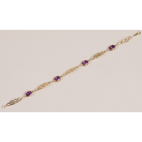 92 - Ladies 9ct yellow gold amethyst bracelet, length 20cm.