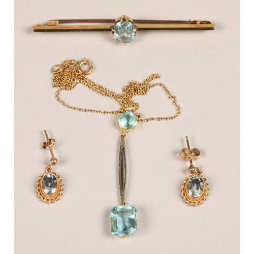 99 - Ladies 15ct gold aquamarine bar brooch,ladies two stone aquamarine necklace & pair of 9ct gold a... 