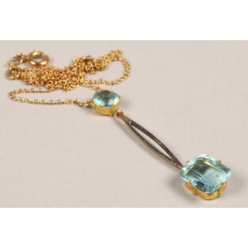 99 - Ladies 15ct gold aquamarine bar brooch,ladies two stone aquamarine necklace & pair of 9ct gold a... 