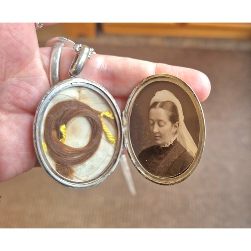 169 - Silver mourning locket on 925 chain, contains hair and photograph