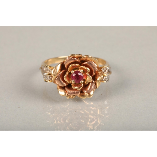 137 - Elizabeth of Glamis Queen Mother 14ct gold rose ring, set with single cut ruby in rose form mount, f... 