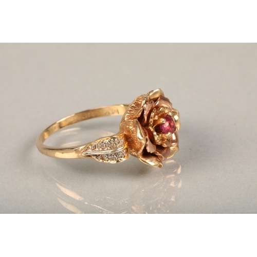 137 - Elizabeth of Glamis Queen Mother 14ct gold rose ring, set with single cut ruby in rose form mount, f... 