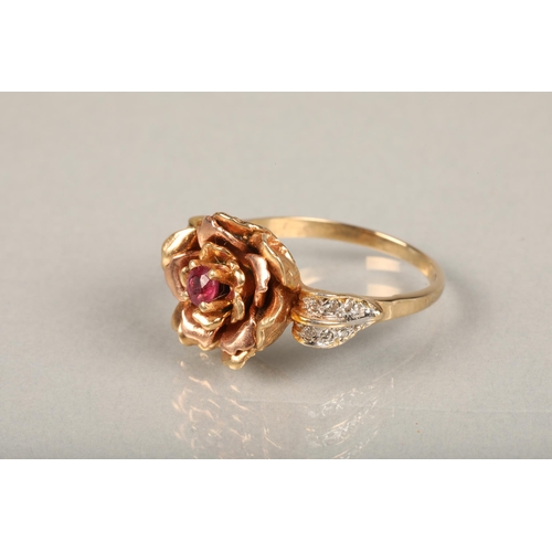 137 - Elizabeth of Glamis Queen Mother 14ct gold rose ring, set with single cut ruby in rose form mount, f... 