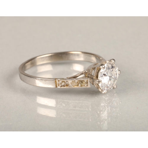 145 - Diamond solitaire ring with round brilliant cut diamond, approximately 1ct, in platinum (shank parte... 