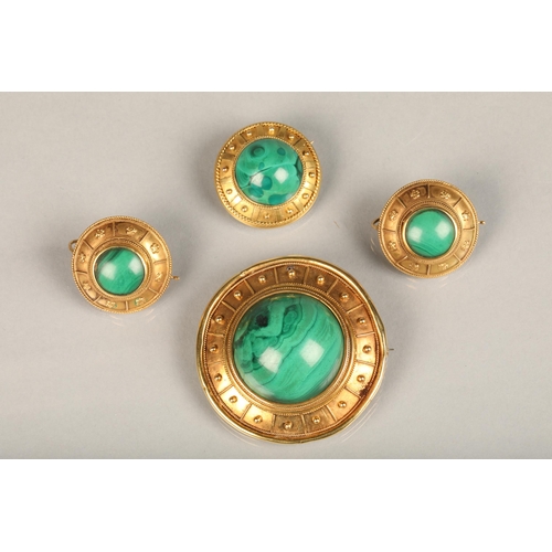 148 - Victorian malachite and yellow metal Etruscan revival brooch and earrings set, the cabochon round ma... 