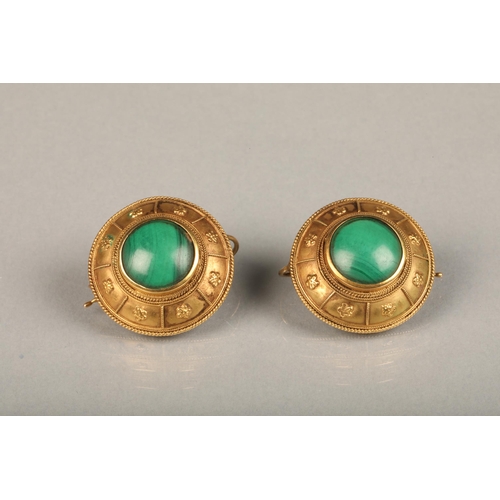 148 - Victorian malachite and yellow metal Etruscan revival brooch and earrings set, the cabochon round ma... 