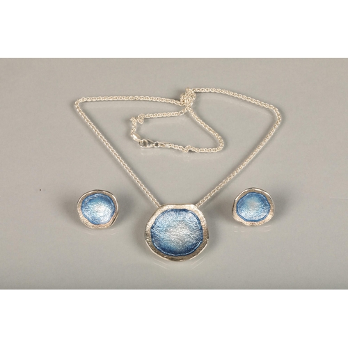 150 - Sheila Fleet 'Lunar' silver and blue enamel modernist earrings and pendant set with original certifi... 