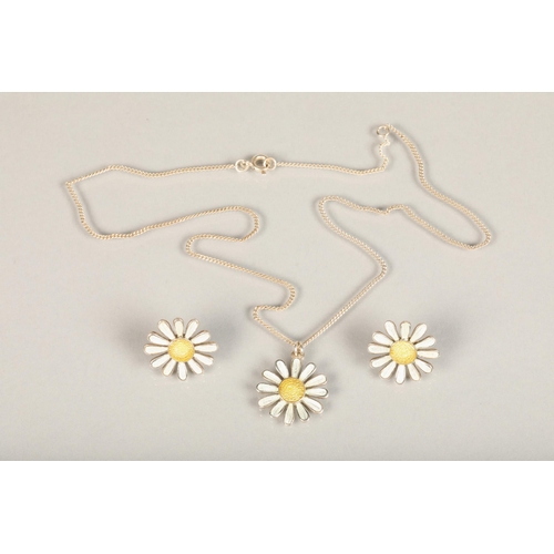 153 - Sheila Fleet 'Daisies for Emily' silver and enamel modernist earrings and pendant set with original ... 