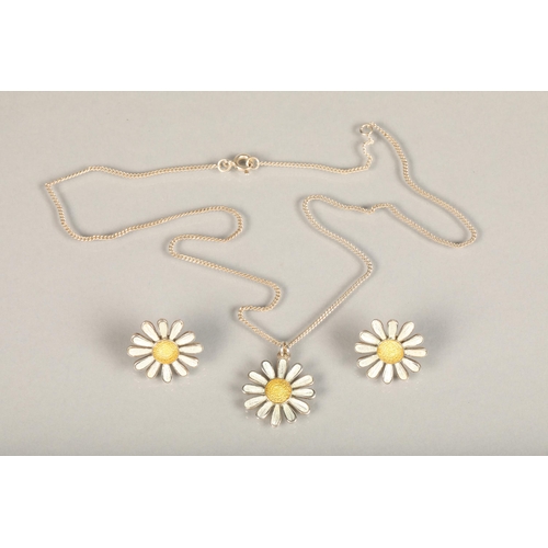 153 - Sheila Fleet 'Daisies for Emily' silver and enamel modernist earrings and pendant set with original ... 