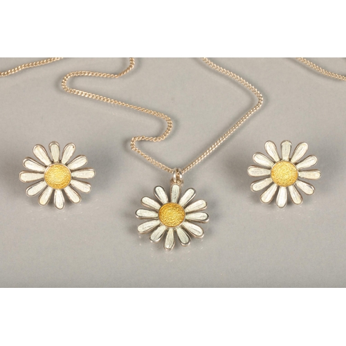 153 - Sheila Fleet 'Daisies for Emily' silver and enamel modernist earrings and pendant set with original ... 