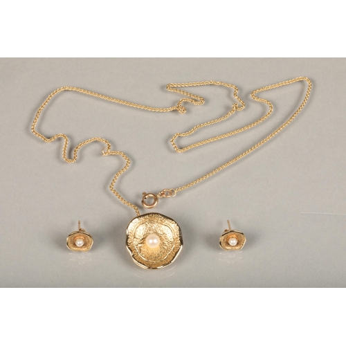 154 - Sheila Fleet 'Lunar Pearl' 9ct gold and single pearl modernist earrings and pendant set with origina... 