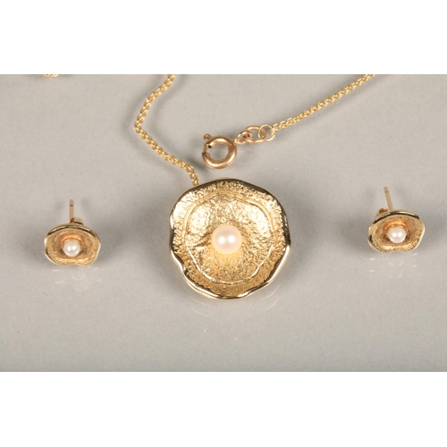 154 - Sheila Fleet 'Lunar Pearl' 9ct gold and single pearl modernist earrings and pendant set with origina... 