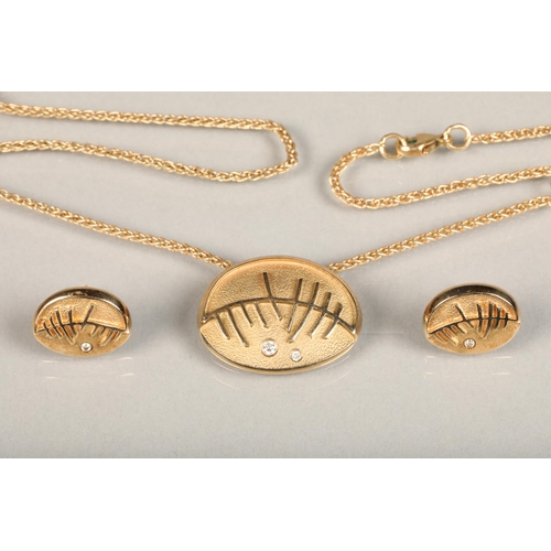 155 - Sheila Fleet 'Skyran, She' 9ct gold and diamond modernist earrings and pendant set with original cer... 