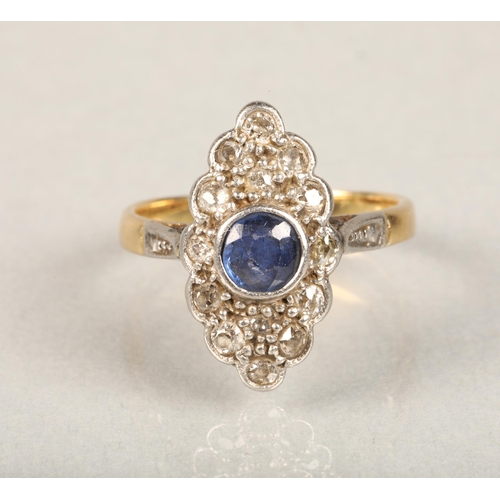 156 - Art Deco period sapphire and diamond plaque ring, the central round cut sapphire surrounded by a clu... 