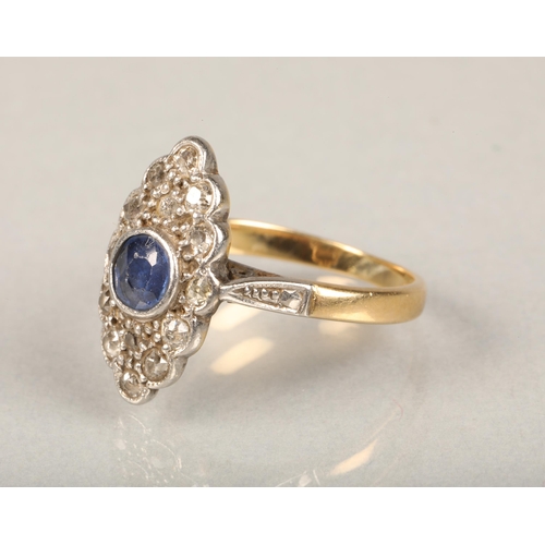 156 - Art Deco period sapphire and diamond plaque ring, the central round cut sapphire surrounded by a clu... 