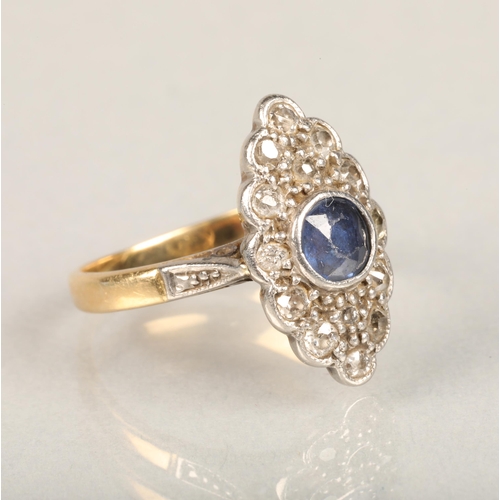 156 - Art Deco period sapphire and diamond plaque ring, the central round cut sapphire surrounded by a clu... 