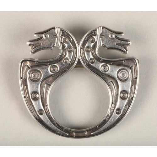 157 - Ola Gorie silver clasp brooch in the form of a double headed Norse serpent, W4cm