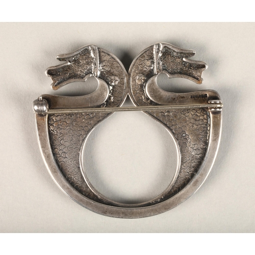 157 - Ola Gorie silver clasp brooch in the form of a double headed Norse serpent, W4cm