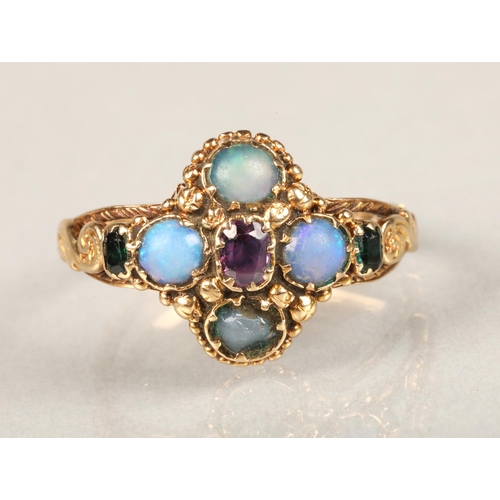 158 - Georgian opal, amethyst and tourmaline ring, the central amethyst surrounded by four cabochon opals ... 