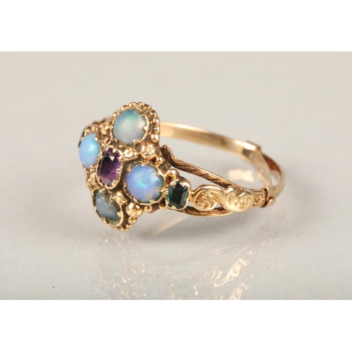 158 - Georgian opal, amethyst and tourmaline ring, the central amethyst surrounded by four cabochon opals ... 