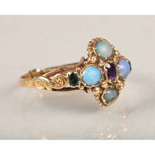 158 - Georgian opal, amethyst and tourmaline ring, the central amethyst surrounded by four cabochon opals ... 