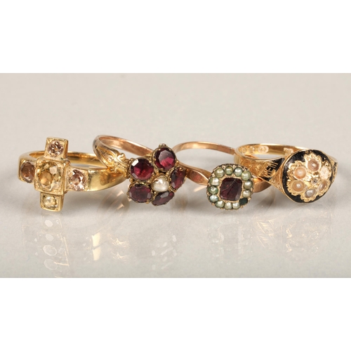 161 - Four antique unhallmarked yellow metal rings set with semi-precious stones and pearls, one of Georgi... 