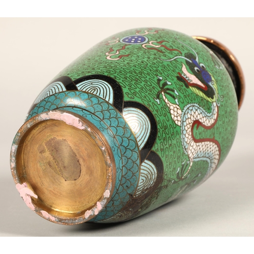 220 - Pair of Japanese cloisonne vases, green ground with coiled dragon, 23cm high.