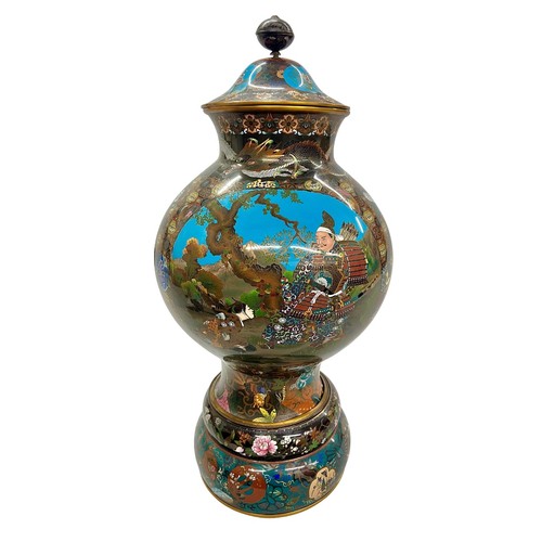 209 - Magnificent Japanese cloisonne vase and cover, the bulbous body decorated with three panels depictin... 