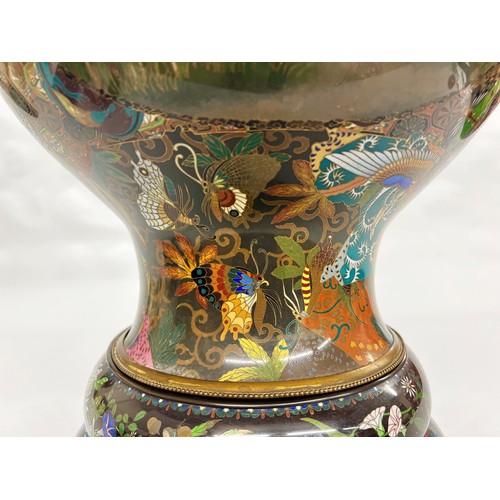 209 - Magnificent Japanese cloisonne vase and cover, the bulbous body decorated with three panels depictin... 