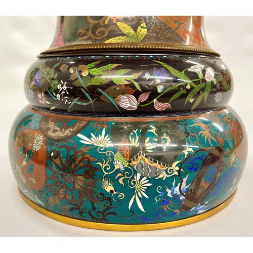 209 - Magnificent Japanese cloisonne vase and cover, the bulbous body decorated with three panels depictin... 