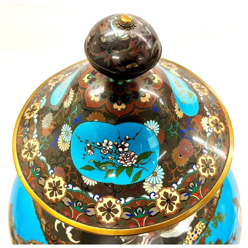 209 - Magnificent Japanese cloisonne vase and cover, the bulbous body decorated with three panels depictin... 