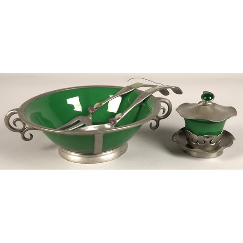 218 - Chinese pewter mounted green glass bowl and servers and pewter mounted green glass preserve jar.