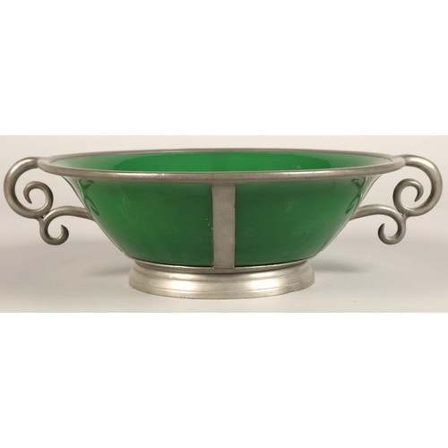 218 - Chinese pewter mounted green glass bowl and servers and pewter mounted green glass preserve jar.