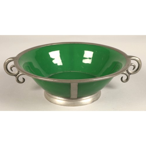 218 - Chinese pewter mounted green glass bowl and servers and pewter mounted green glass preserve jar.