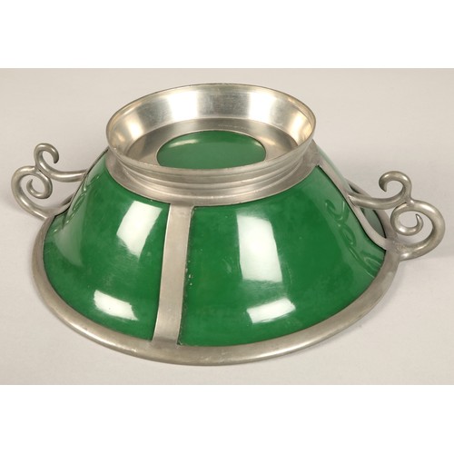 218 - Chinese pewter mounted green glass bowl and servers and pewter mounted green glass preserve jar.