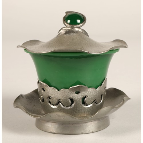 218 - Chinese pewter mounted green glass bowl and servers and pewter mounted green glass preserve jar.