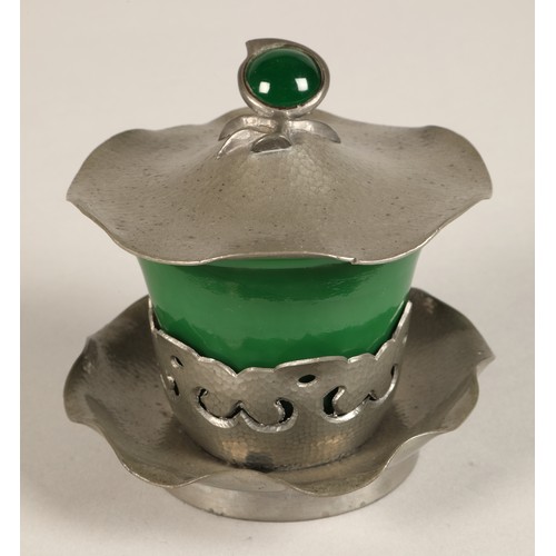 218 - Chinese pewter mounted green glass bowl and servers and pewter mounted green glass preserve jar.